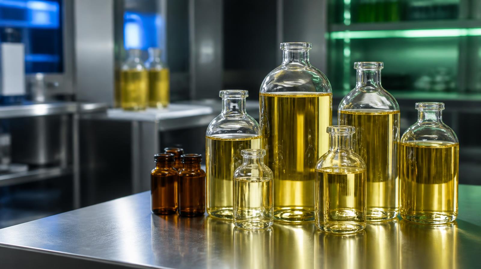 Laboratory bottles of refined pharmaceutical-use vegetable oil on a stainless steel bench